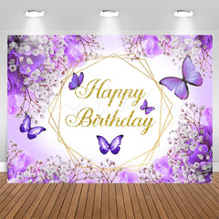 Lofaris Purple Floral And Butterflies Happy Birthday Backdrop