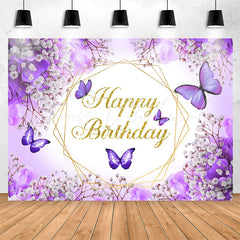 Lofaris Purple Floral And Butterflies Happy Birthday Backdrop