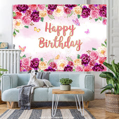 Lofaris Purple Floral And Butterfly Happy Birthday Backdrop