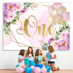 Lofaris Purple Floral And Glitter Ballons 1st Birtdhay Backdrop