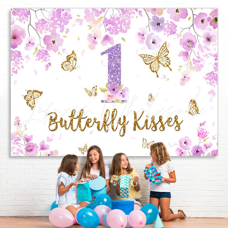 Lofaris Purple Floral and Gold Butterfly 1St Birthday Backdrop