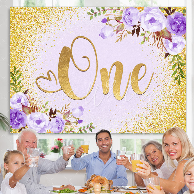 Lofaris Purple Floral And Gold Glitter 1st Birthday Backdrop