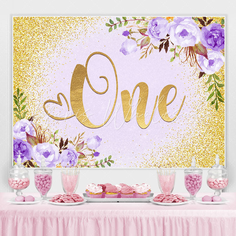 Lofaris Purple Floral And Gold Glitter 1st Birthday Backdrop