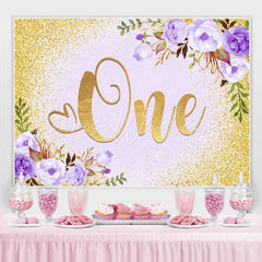 Lofaris Purple Floral And Gold Glitter 1st Birthday Backdrop
