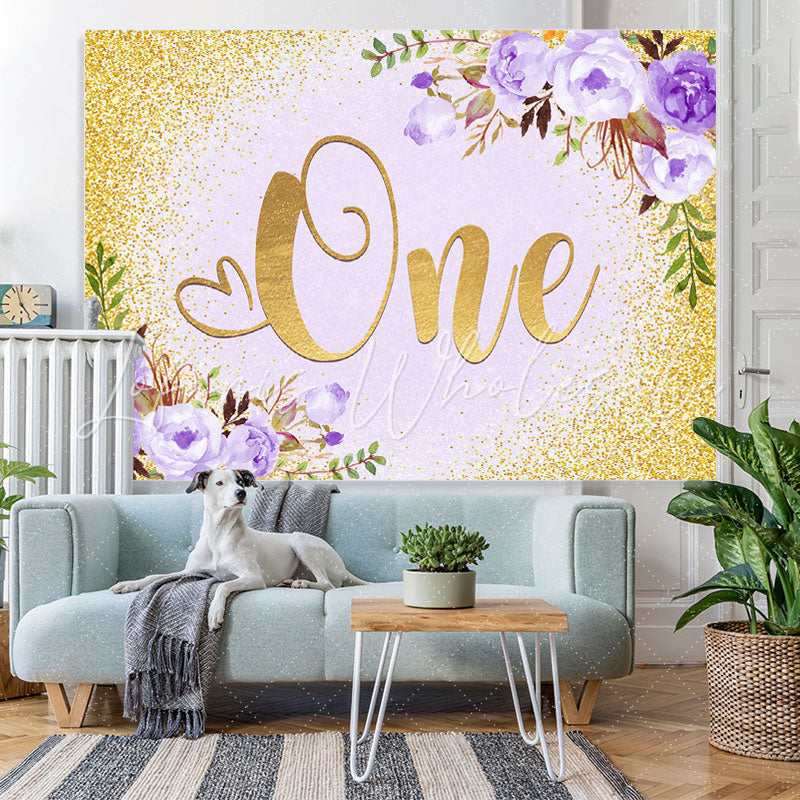 Lofaris Purple Floral And Gold Glitter 1st Birthday Backdrop