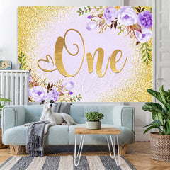 Lofaris Purple Floral And Gold Glitter 1st Birthday Backdrop