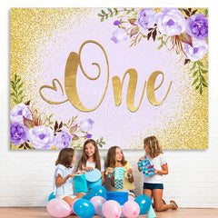 Lofaris Purple Floral And Gold Glitter 1st Birthday Backdrop