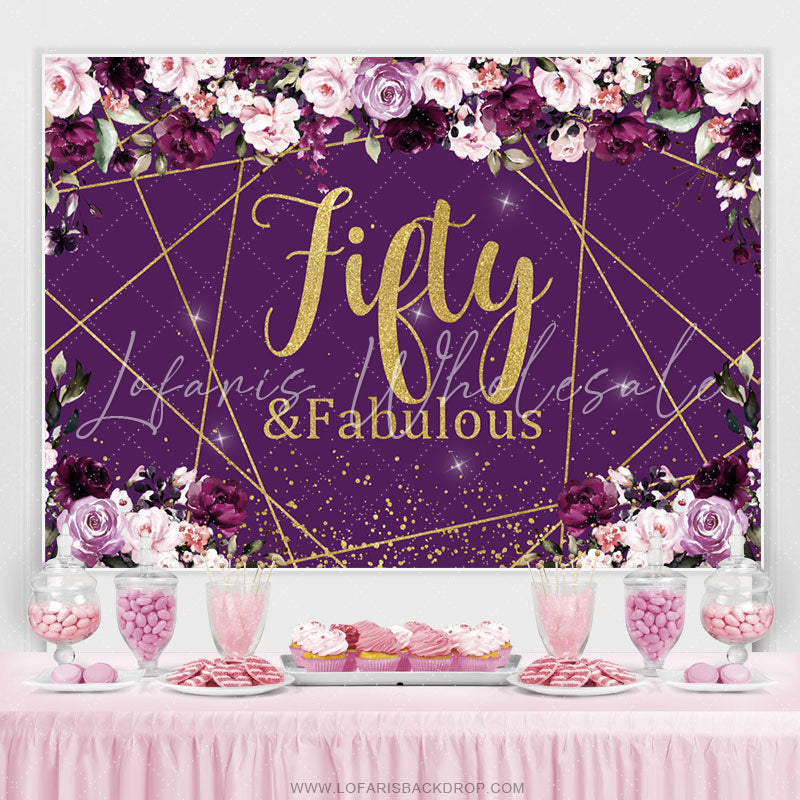 Lofaris Purple Floral And Gold Glitter Fifty Birthday Backdrop