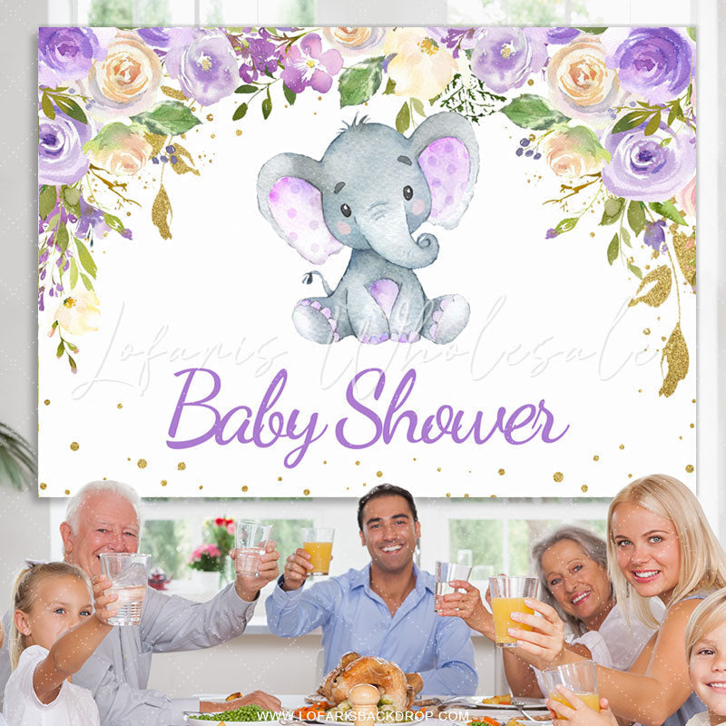 Lofaris Purple Floral Elephant White Baby Shower Backdrop Banner