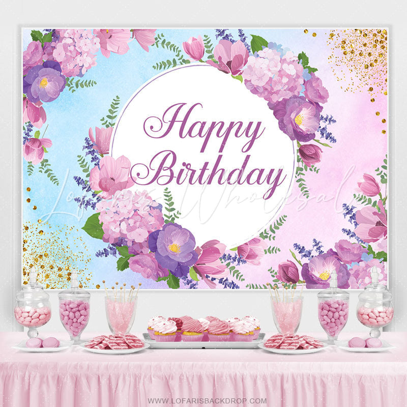 Lofaris Purple Floral Glitter Happy Birthday Backdrop Banner