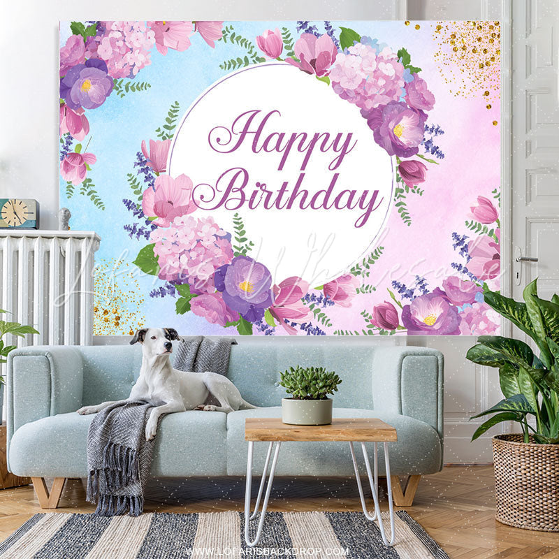 Lofaris Purple Floral Glitter Happy Birthday Backdrop Banner