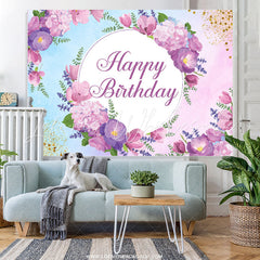 Lofaris Purple Floral Glitter Happy Birthday Backdrop Banner