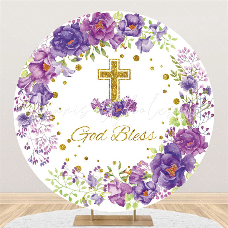Lofaris Purple Floral Gold Glitter Bless Baby Shower Backdrop