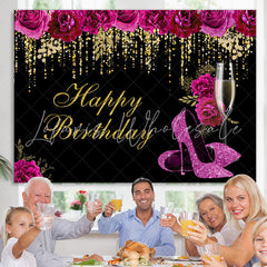 Lofaris Purple Floral Heels Gold Glitter Happy Birthday Backdrop