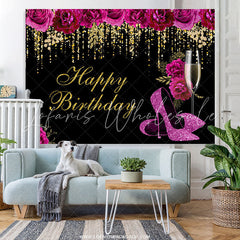 Lofaris Purple Floral Heels Gold Glitter Happy Birthday Backdrop