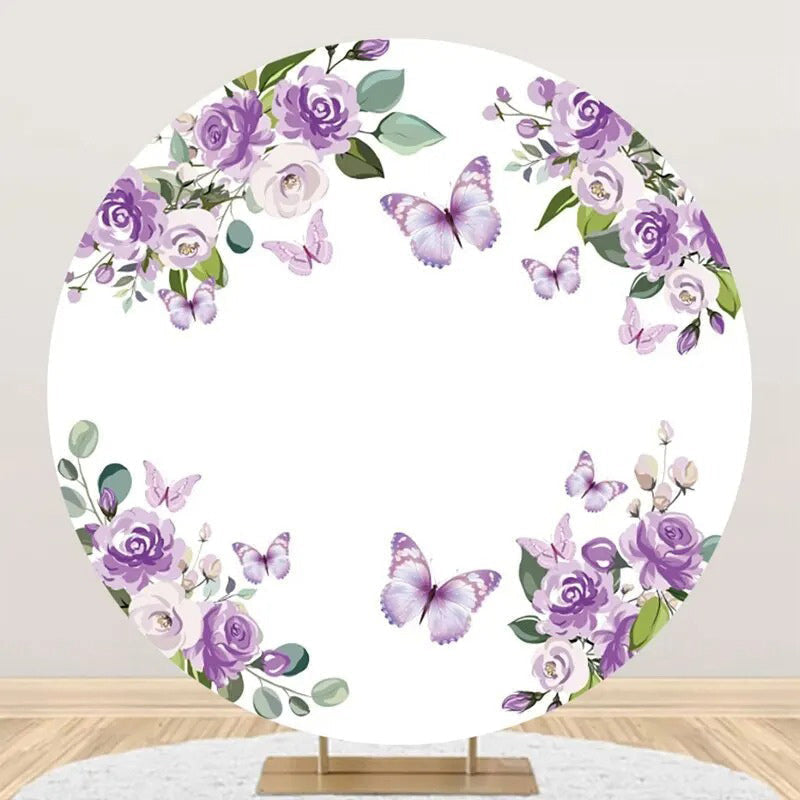 Lofaris Purple Floral Leaf Butterfly Round Birthday Backdrop