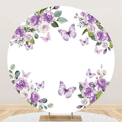 Lofaris Purple Floral Leaf Butterfly Round Birthday Backdrop