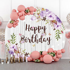 Lofaris Purple Floral Leaves Wooden Round Birthday Backdrop