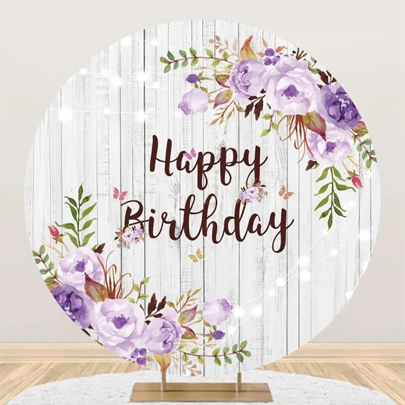 Lofaris Purple Floral Leaves Wooden Round Birthday Backdrop