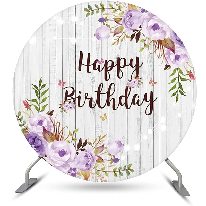 Lofaris Purple Floral Leaves Wooden Round Birthday Backdrop