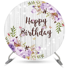 Lofaris Purple Floral Leaves Wooden Round Birthday Backdrop