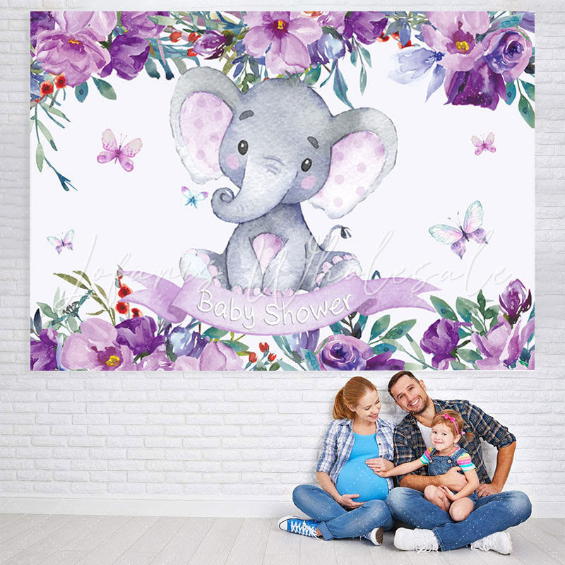 Lofaris Purple Flowers and Baby Elephant Shower Backdrop