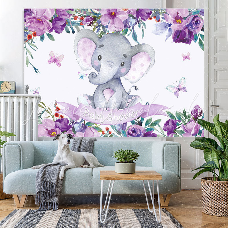 Lofaris Purple Flowers and Baby Elephant Shower Backdrop