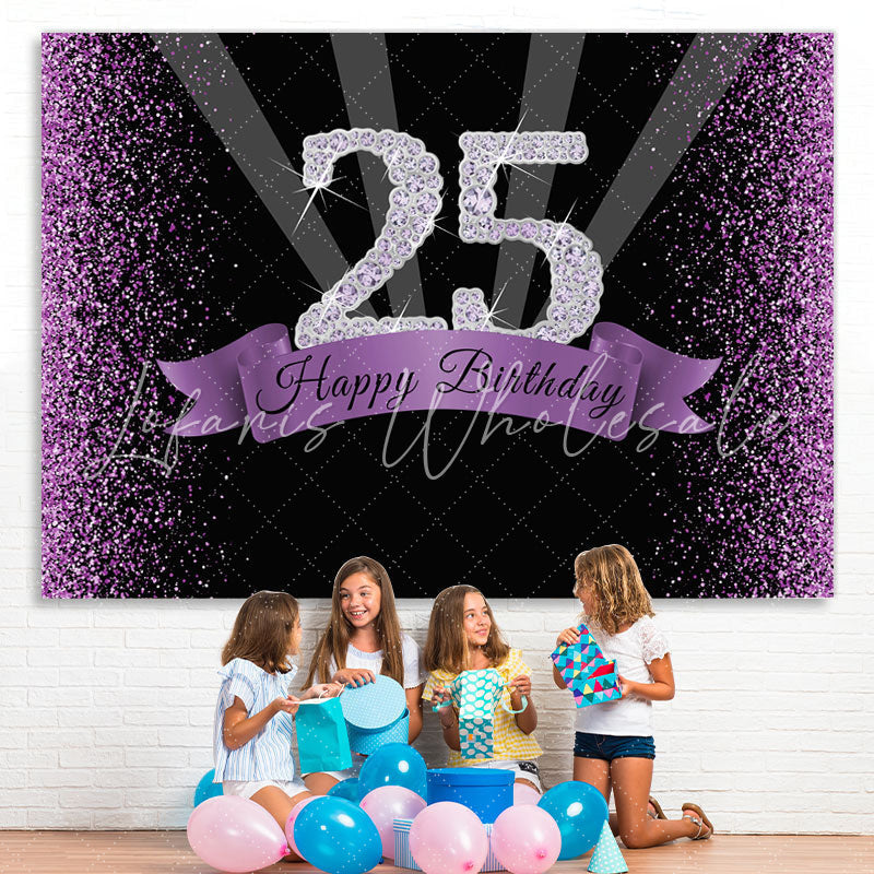 Lofaris Purple Glitter and Black Happy 25Th Birthday Backdrop