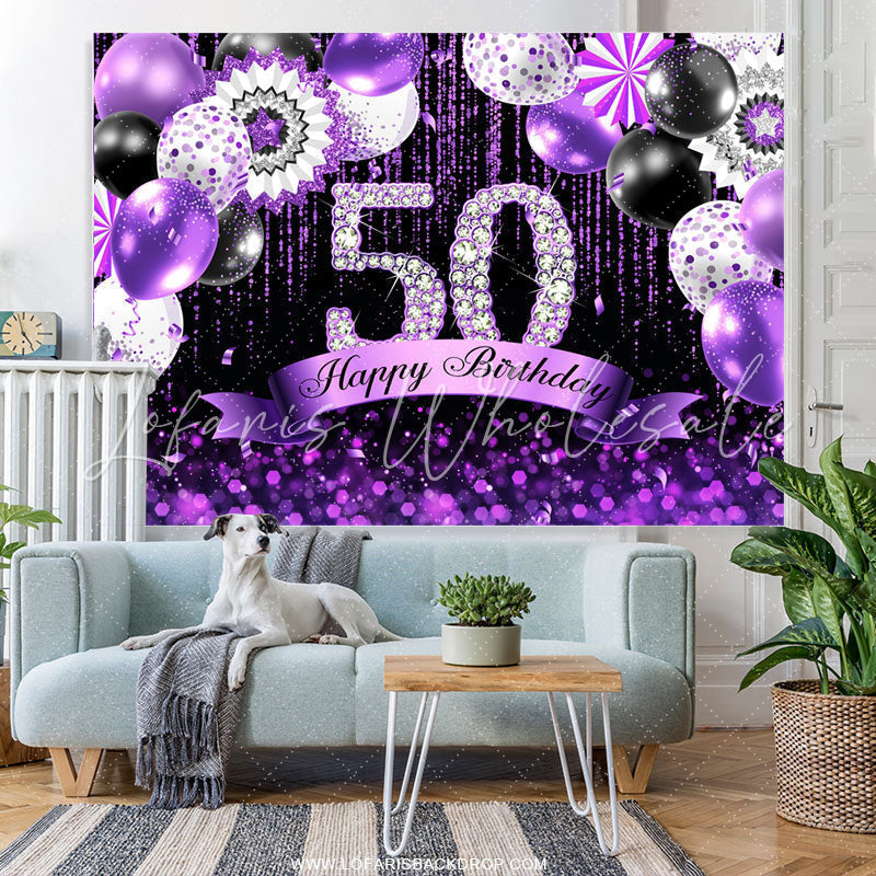 Lofaris Purple Glitter Balloons Black 50th Birthday Backdrop