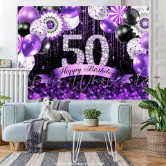 Lofaris Purple Glitter Balloons Black 50th Birthday Backdrop
