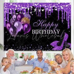 Lofaris Purple Glitter Balloons Heels Happy Birthday Backdrop