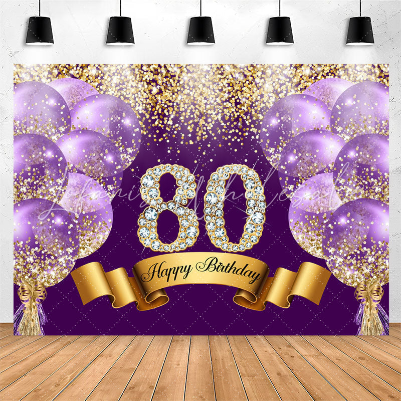 Lofaris Purple Glitter Diamond Balloon 80th Birthday Backdrop