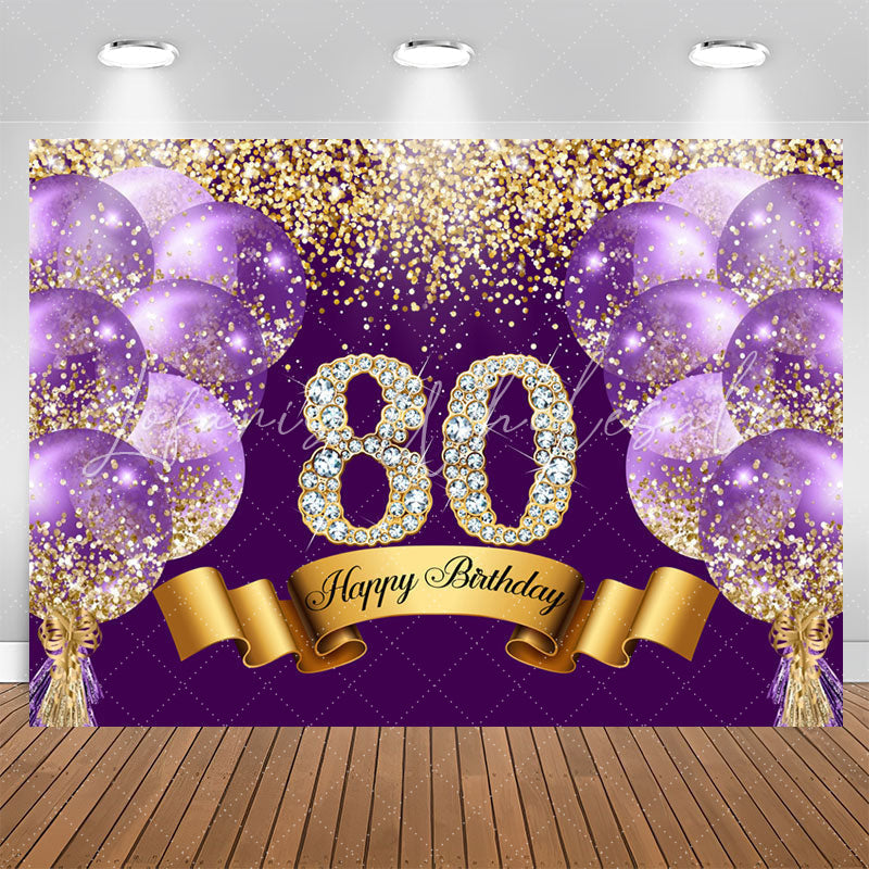 Lofaris Purple Glitter Diamond Balloon 80th Birthday Backdrop