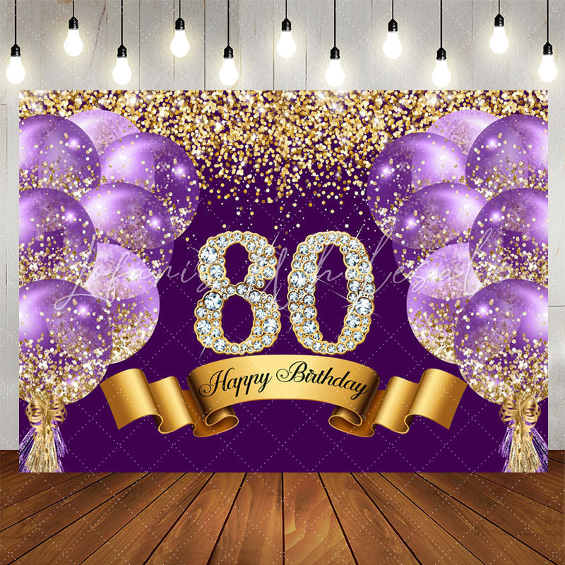 Lofaris Purple Glitter Diamond Balloon 80th Birthday Backdrop