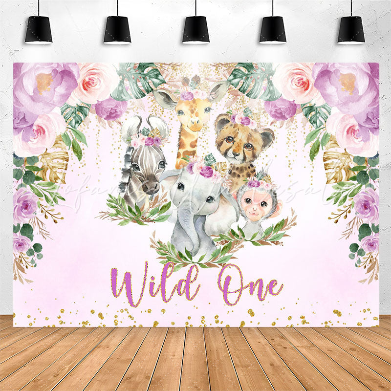 Lofaris Purple Glitter Floral Safari Wild One Birthday Backdrop
