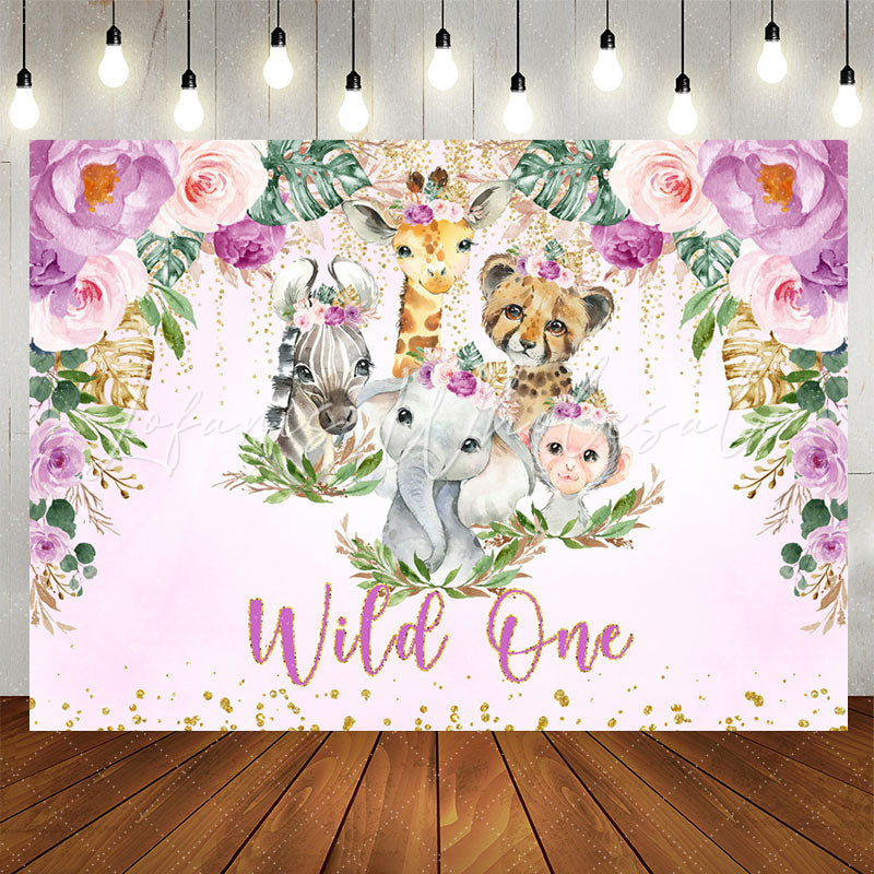 Lofaris Purple Glitter Floral Safari Wild One Birthday Backdrop