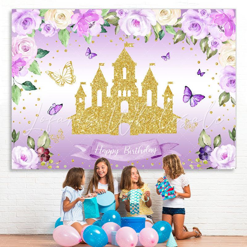 Lofaris Purple Glitter Flowers And Castle Birthday Backdrop