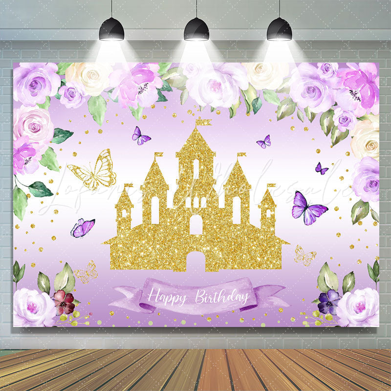 Lofaris Purple Glitter Flowers And Castle Birthday Backdrop
