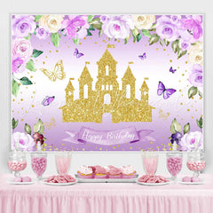 Lofaris Purple Glitter Flowers And Castle Birthday Backdrop