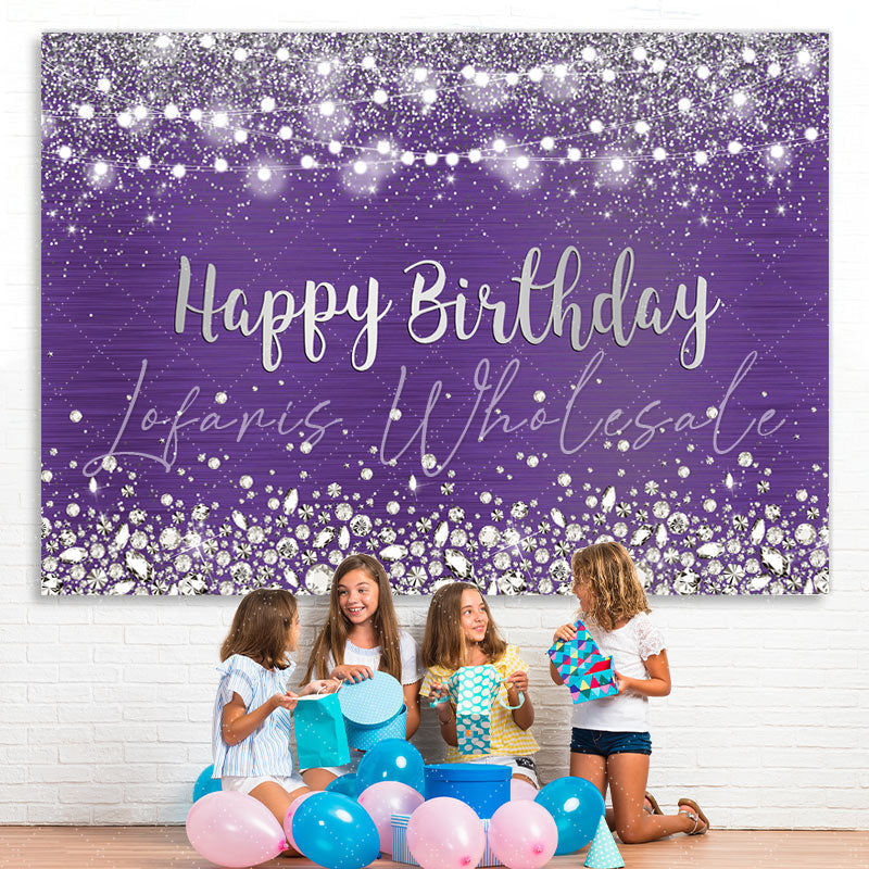 Lofaris Purple Glitter Light Diamonds Happy Birthday Backdrop for Women