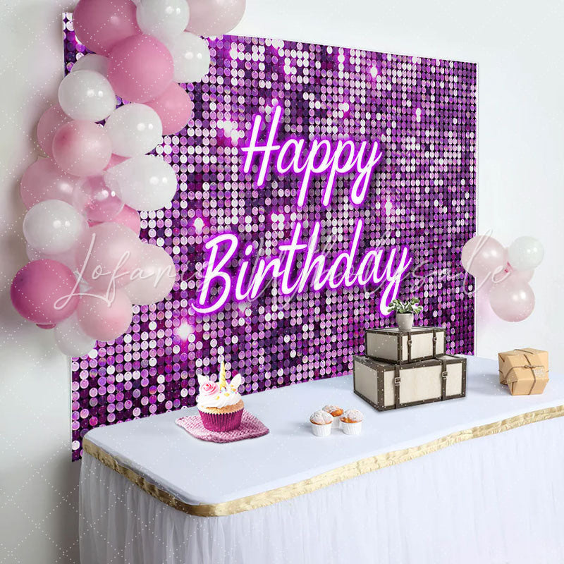 Lofaris Purple Glitter Sequin Simple Happy Birthday Backdrop