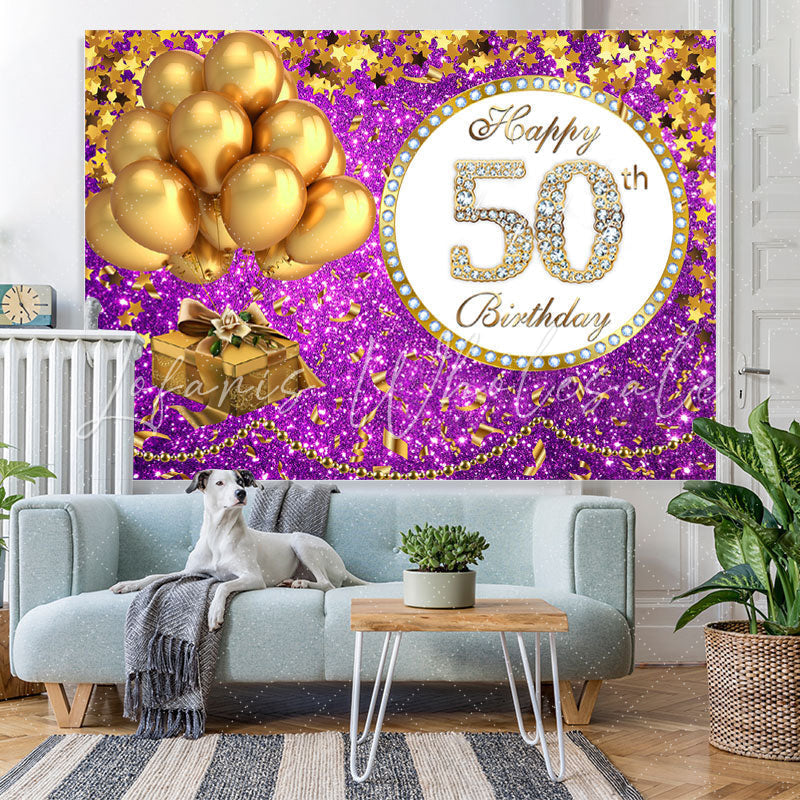 Lofaris Purple Glittle and Gold Balloon 50th Birthday Backdrop