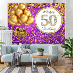 Lofaris Purple Glittle and Gold Balloon 50th Birthday Backdrop