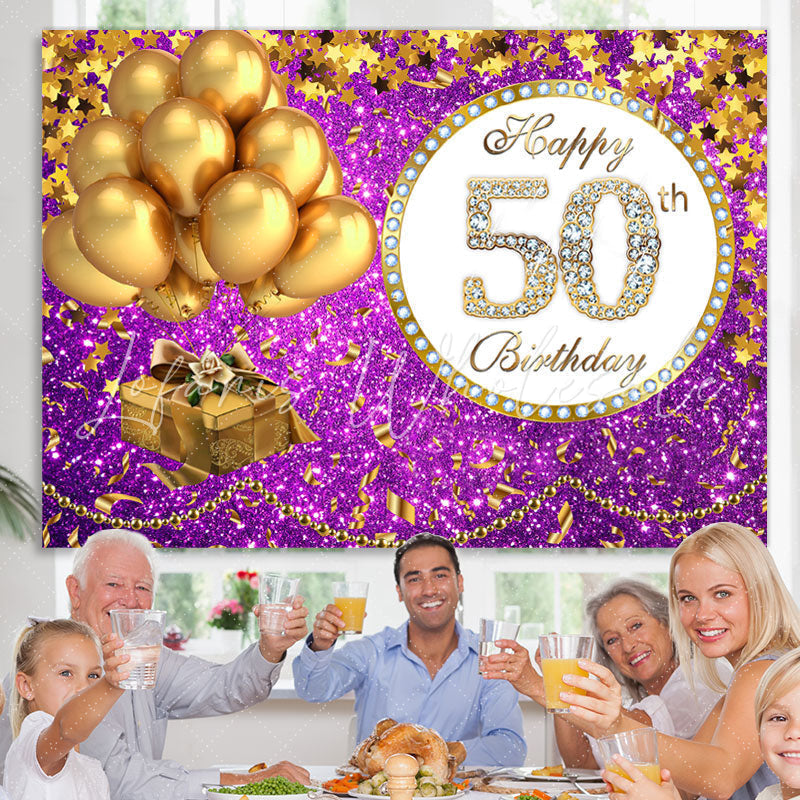 Lofaris Purple Glittle and Gold Balloon 50th Birthday Backdrop