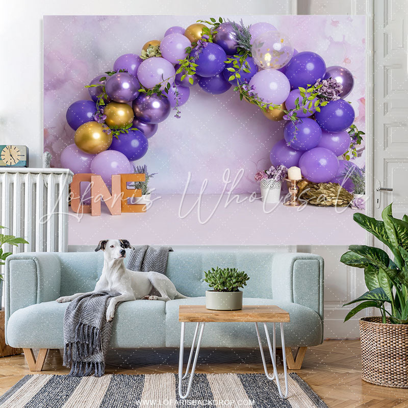 Lofaris Purple Gold Balloons Leaves One Happy Birthday Backdrop