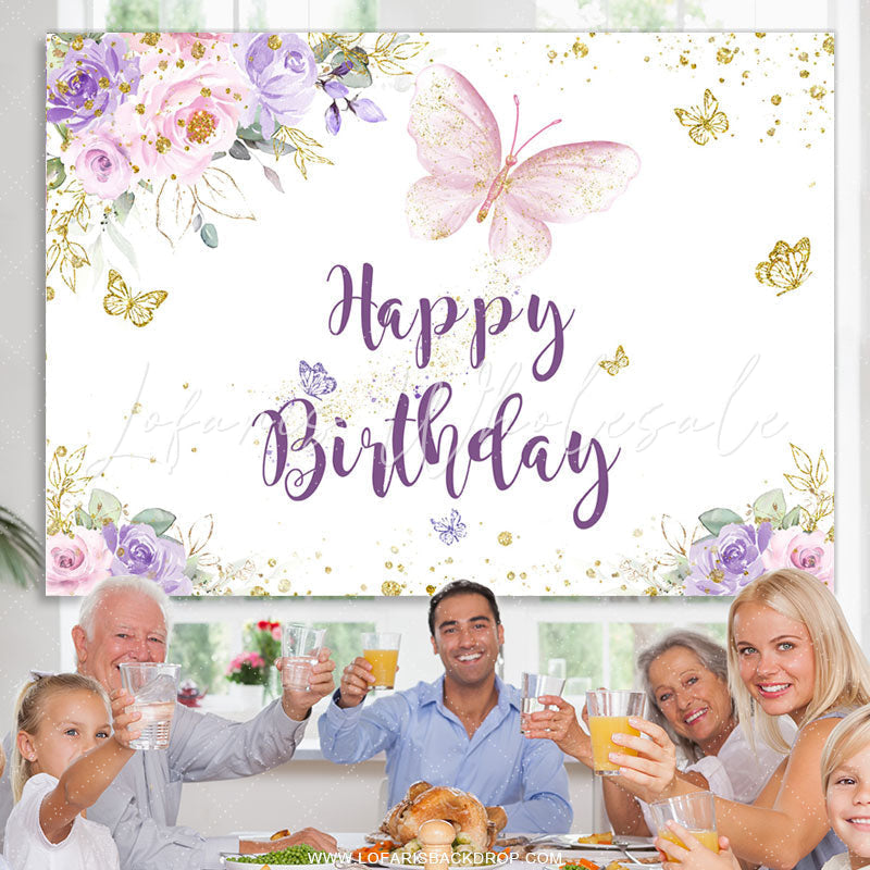 Lofaris Purple Gold Glitter Butterfly Happy Birthday Backdrop