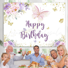 Lofaris Purple Gold Glitter Butterfly Happy Birthday Backdrop