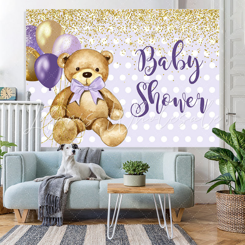 Lofaris Purple Golden Balloon Teddy Bear Baby Shower Backdrop