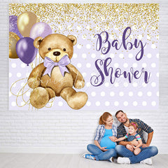 Lofaris Purple Golden Balloon Teddy Bear Baby Shower Backdrop