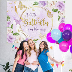 Lofaris Purple Golden Flowers Butterfly Baby Shower Backdrop